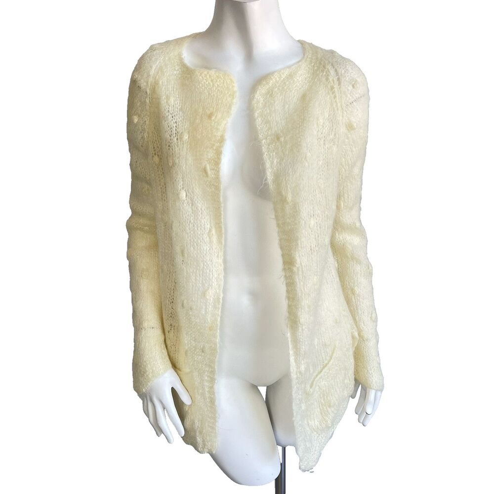 Vintage Frauca Moretti‎ Open Front Cardigan Wool Dot Knit Sweater S/M Cream